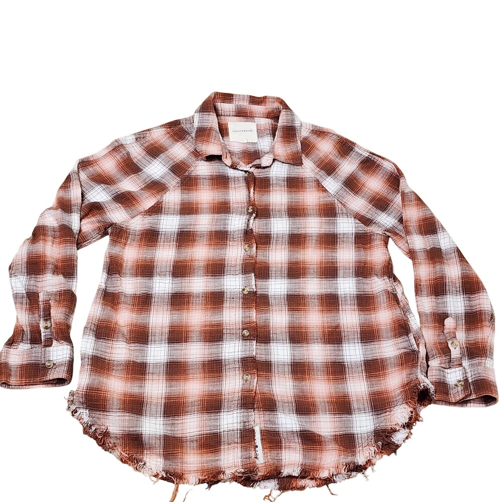 Lucky Brand Shirt Womens Small Orange Plaid Fringe Hem Button Long Raglan Sleeve